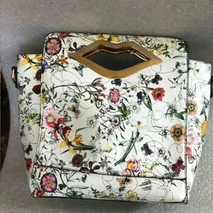 Floral and Plum Handbag with Gold tone metal handle